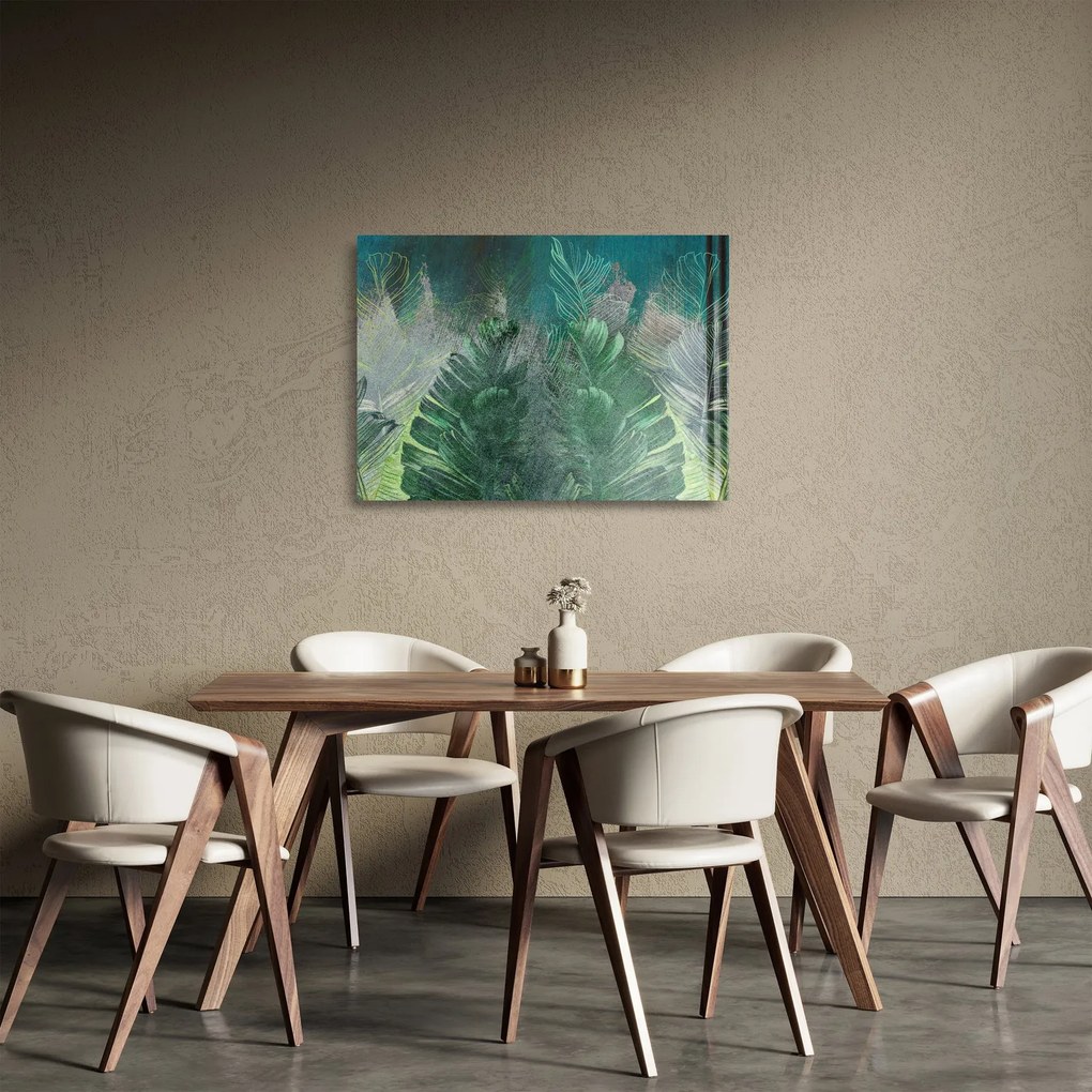 Tablou pe sticlă - Textura de beton cu frunze (70x50 cm)