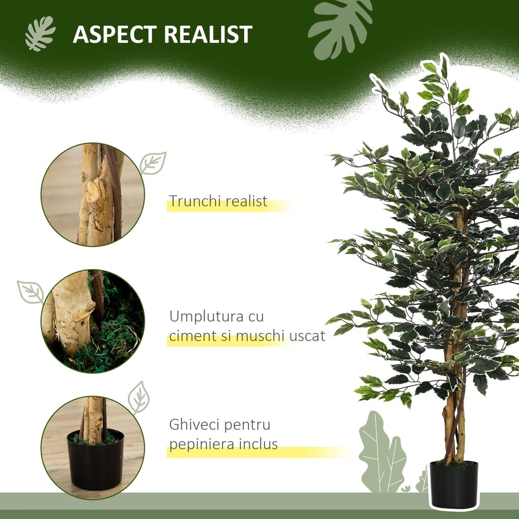 HOMCOM Ficus artificial in ghiveci cu 702 frunze multicolore, Plante artificiale pentru interior si exterior, 130 cm | AOSOM RO