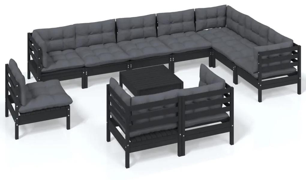 Set mobilier gradina cu perne, 11 piese, negru, lemn masiv pin Negru, 11