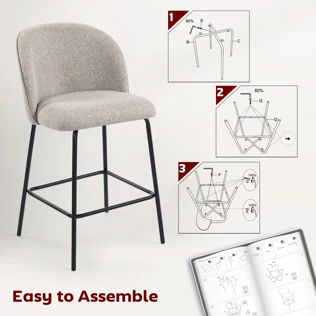 HOMCOM Set 2 Scaune de Bar cu Spătar și Suport pentru Picioare, Acoperire din Material Textil și Picioare din Oțel, Gri | Aosom Romania