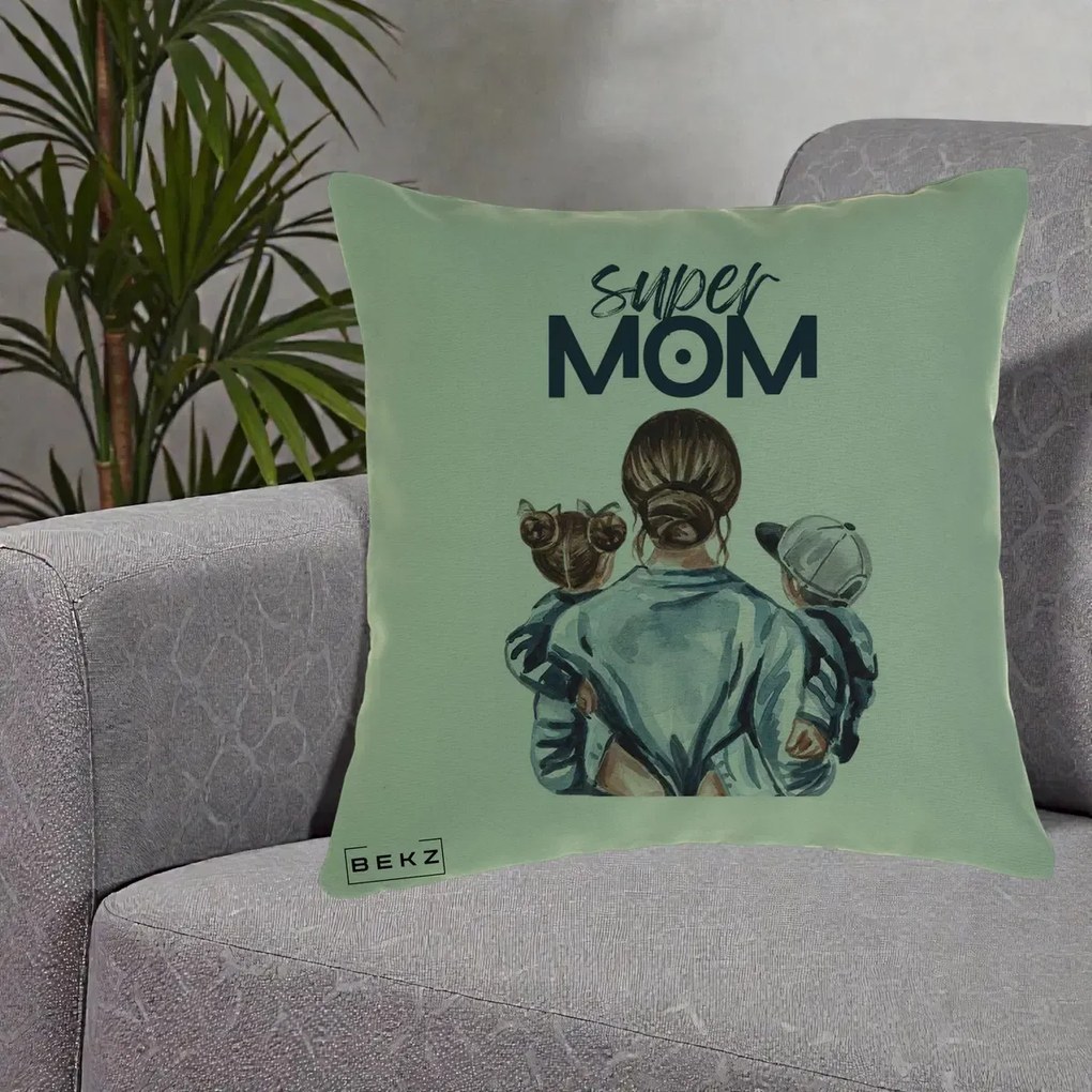 Cadou pentru Mama - Perna Personalizata Super Mom, 40x40 cm, Verde, Husa Detasabila, Perna Inclusa, BEKZ®