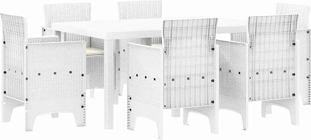 vidaXL Set de masă pentru grădină 7 pcs Alb Ratan Polt