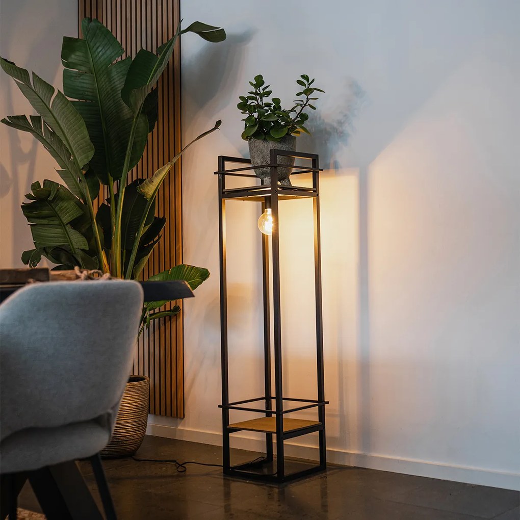 Lampă de podea industrială neagră cu lemn - Cage Rack