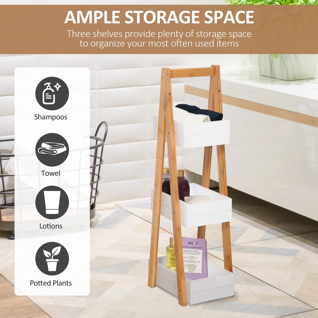 Raft cu 3 etajere Dulapior pentru baie cu economisire spatiu si multifunctional din lemn MDF si bambus 21x30x81cm, Alb HOMCOM | Aosom RO