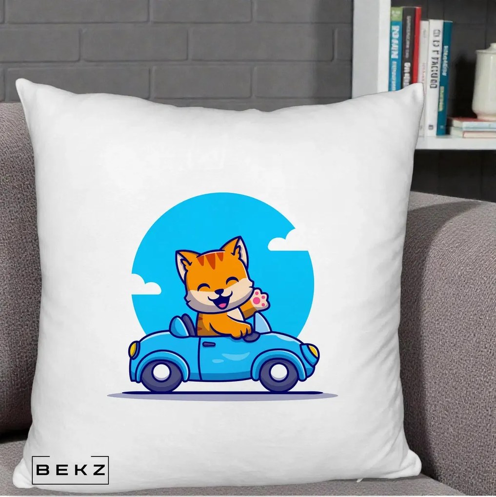 Perna Decorativa Pisica in Masinuta, 40x40 cm, Alb Pufos, Husa Detasabila, Perna Inclusa, BEKZ®