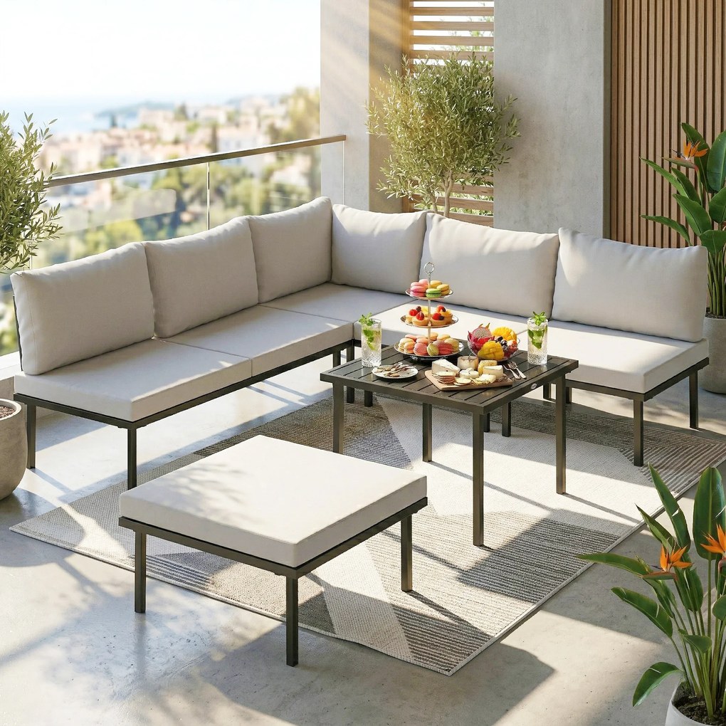 Outsunny Set lounge mobilier grădină 5-6 persoane, canapea 2 locuri, 2 scaune, scaun colțar, masă tip lamele, taburet | Aosom Romania