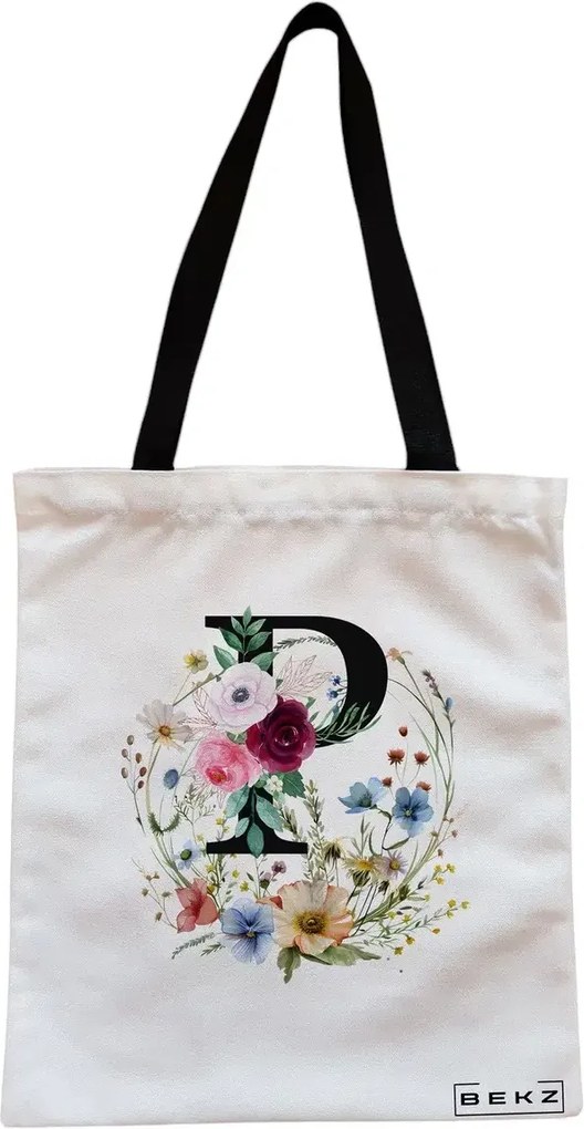 Sacosa de Panza pentru Cumparaturi, Geanta Tote, Cu litera P in Coronita Florala, Cu fermoar, 38x34.5 cm, Alba, BEKZ®