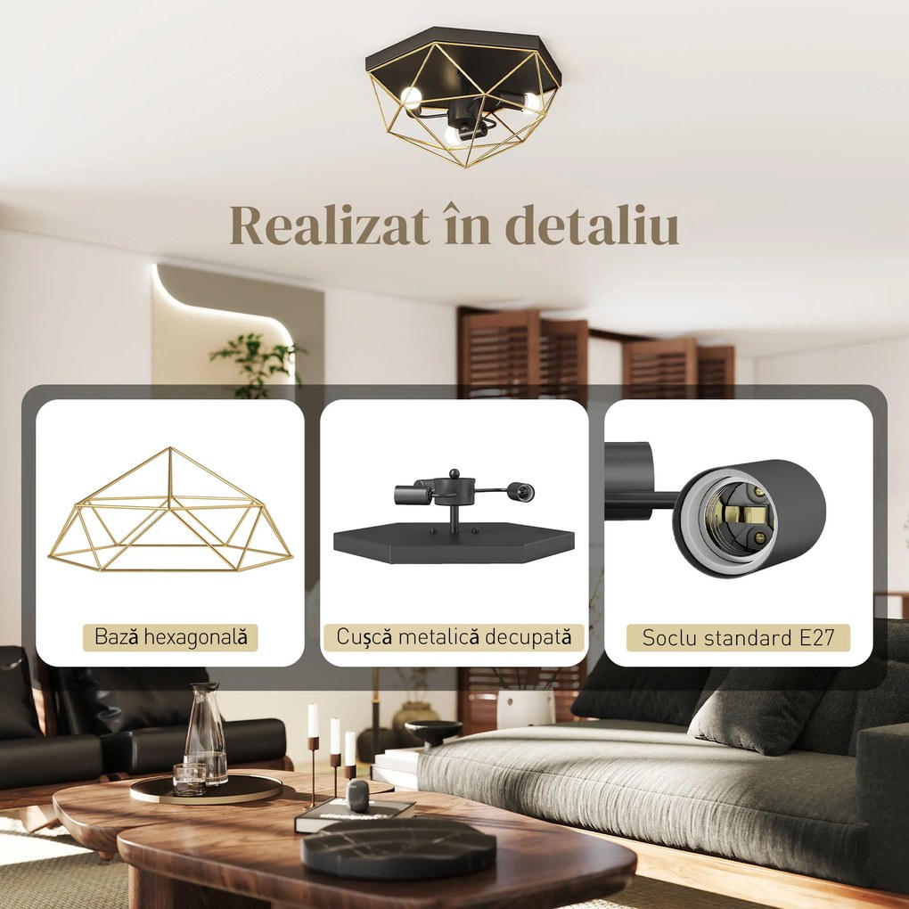 HOMCOM Lampă de Tavan Stil Industrial Geometrică cu 3 Suporturi E27 pentru Becuri LED, Negru și Auriu | Aosom Romania