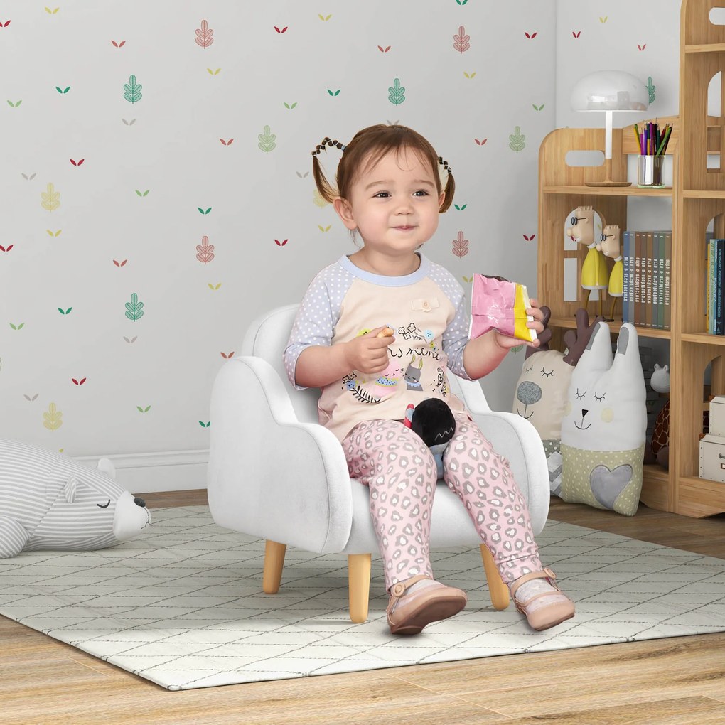 ZONEKIZ Fotoliu pentru copii cu brațe în formă de nor, cu picioare înclinate și material textil, 46 x 51 x 55 cm, alb | Aosom Romania