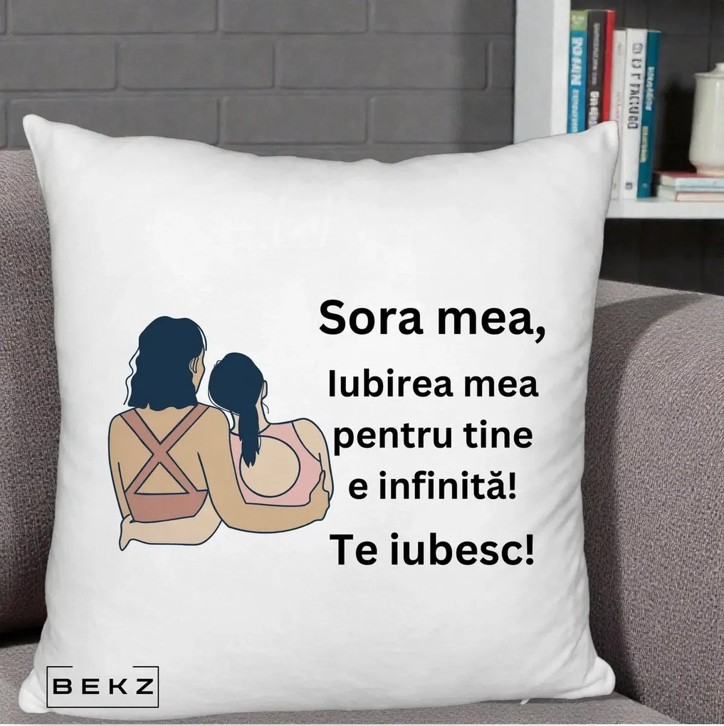 Cadou pentru Sora - Perna Personalizata Sora Mea Te Iubesc Doua Fete Fashioniste Line Art, 40x40 cm, Alb Pufos, Husa Detasabila, Perna Inclusa, BEKZ®