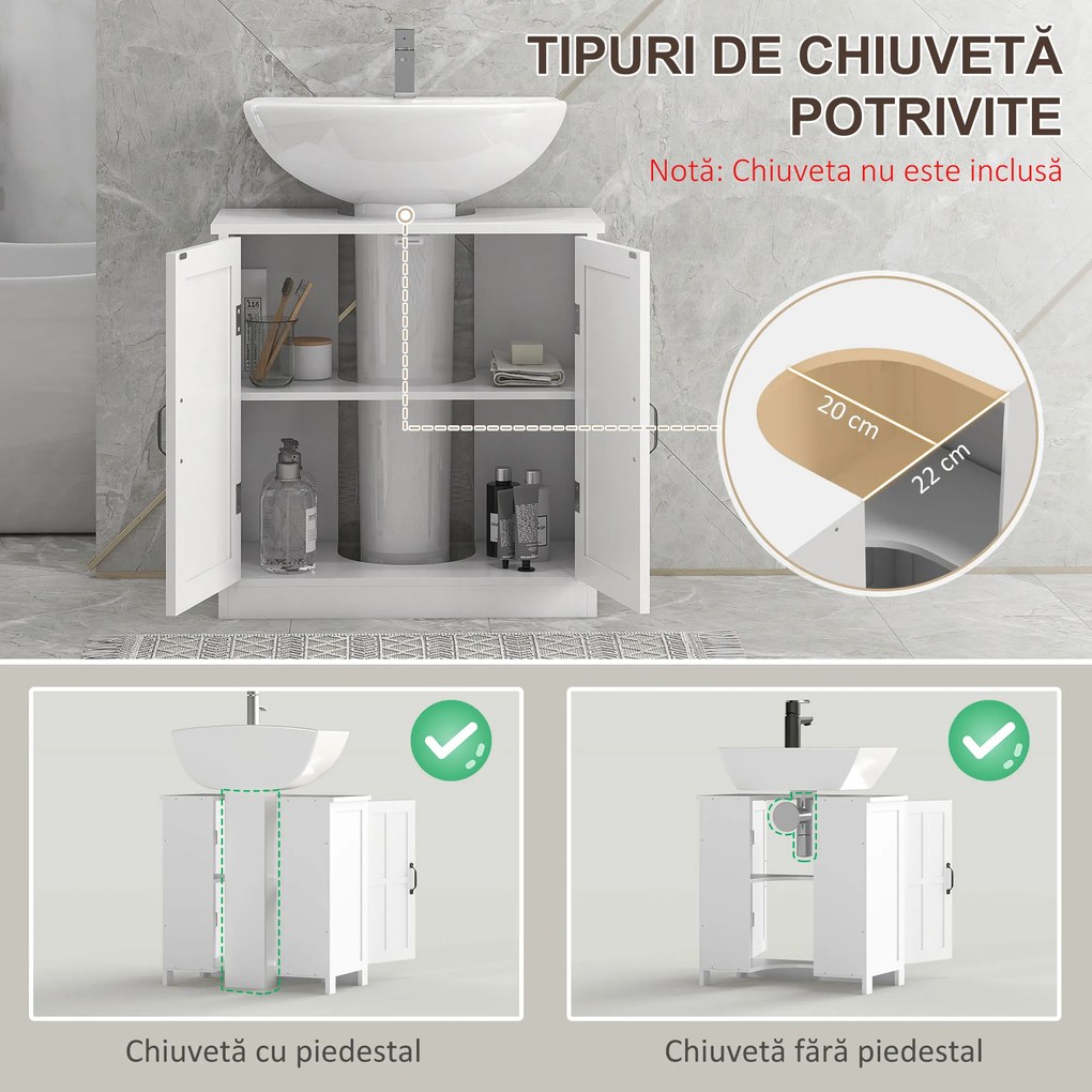 kleankin Dulap pentru Chiuvetă cu Piedestal, Dulap Sub Chiuvetă cu 2 Uși și Raft Reglabil, Dulap de Baie cu Decupaj în Formă de U, Alb | Aosom Romania