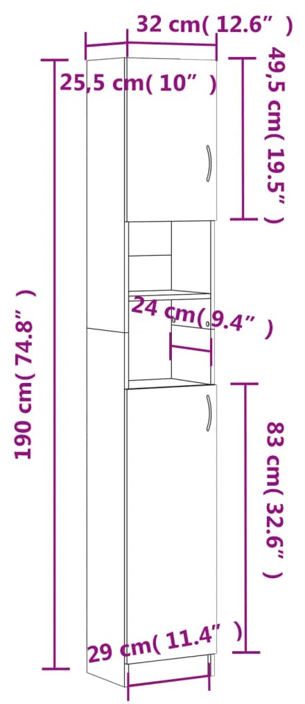 Dulap de baie, gri sonoma, 32x25,5x190 cm, lemn prelucrat sonoma gri, 1