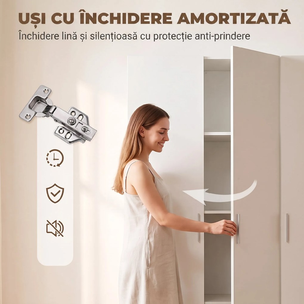 HOMCOM Dulap cu Rafturi Reglabile și Uși cu Închidere Lentă pentru Dormitor, Alb | Aosom Romania