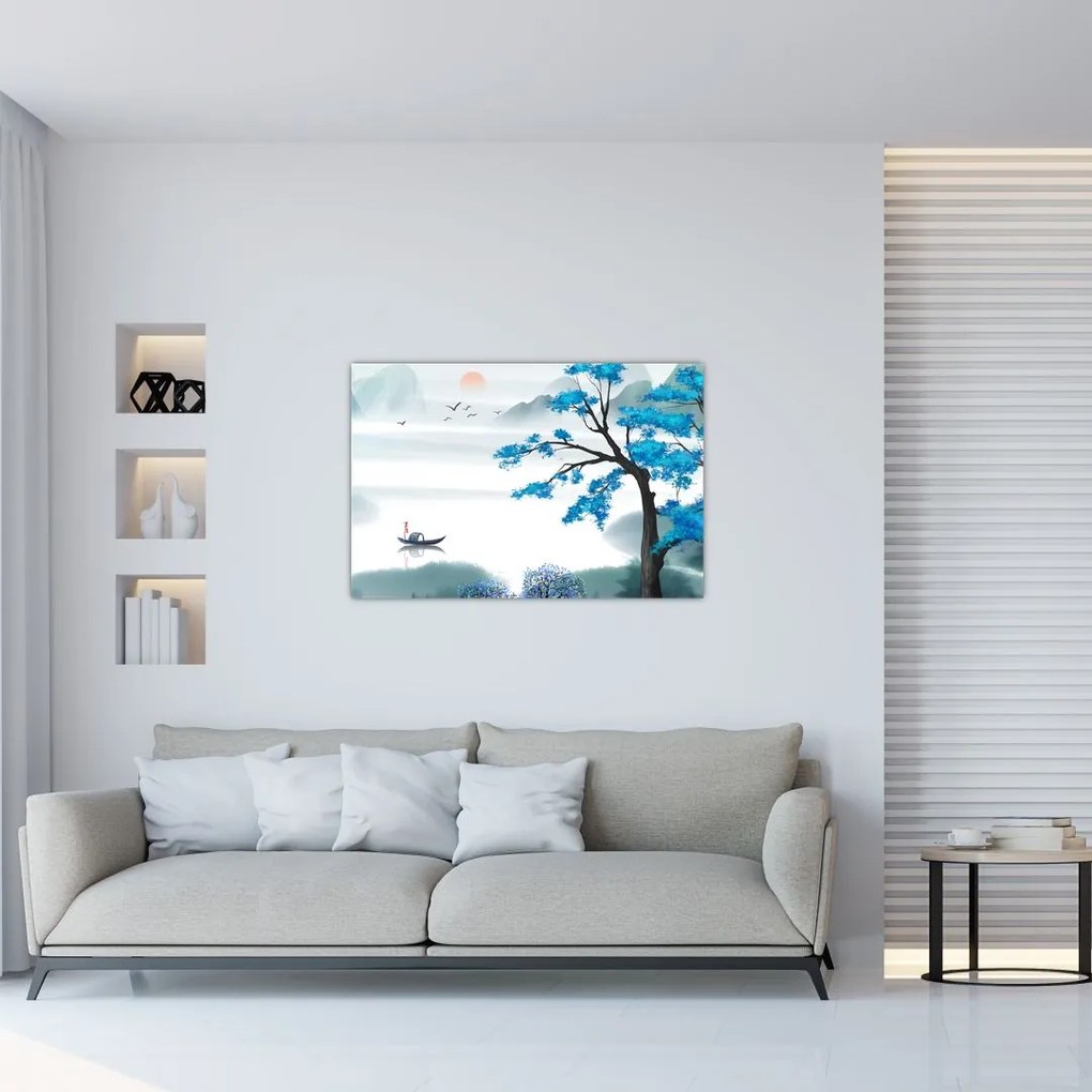 Tablou - Pictură, lac cu barcă (90x60 cm)