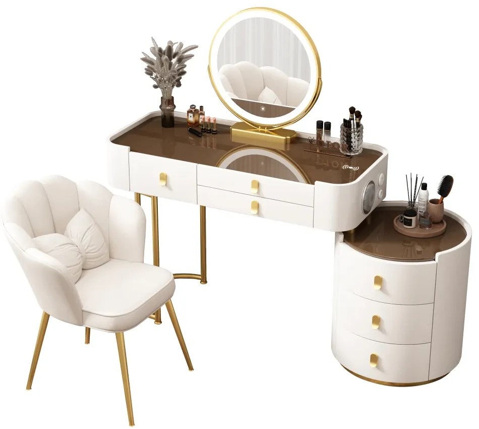 Set Lucia Premium, Masă de toaletă pentru machiaj, incarcare Wireless+USB+USB C, difuzor Bluetooth, oglindă iluminată LED, control touch, trei tipuri culoare, 6 sertare, scaun, 100 cm