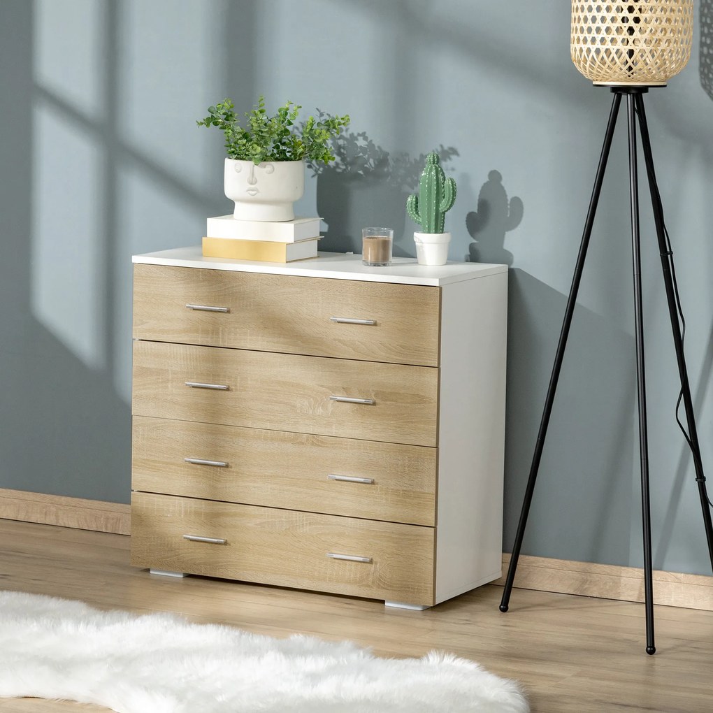 HOMCOM Comodă cu 4 Sertare, Mânere din Aluminiu și Structură din Lemn, 76x35x72cm, Alb și Stejar | Aosom Romania