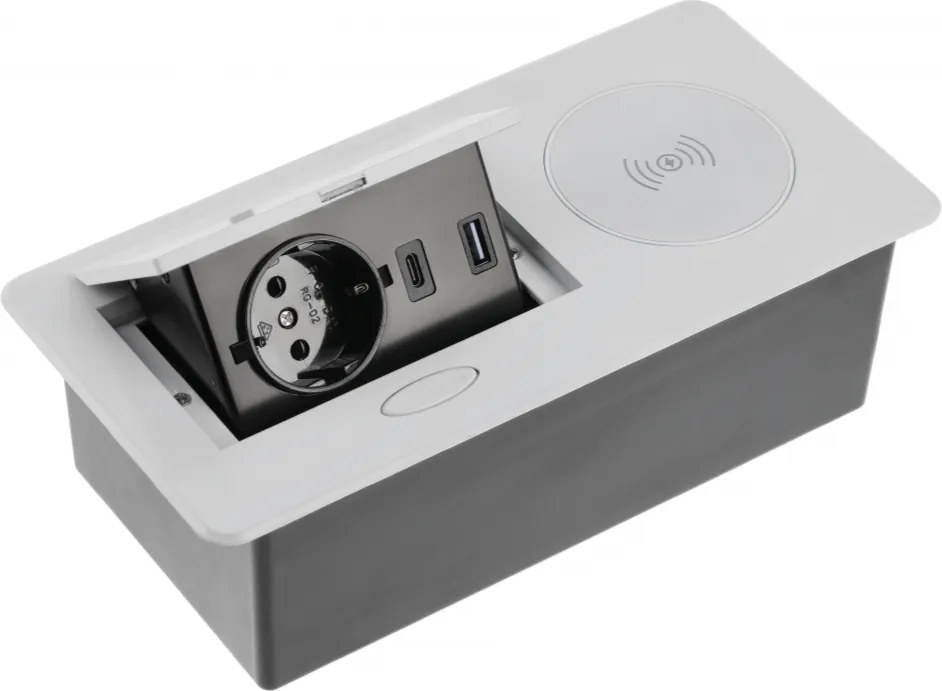 Priza incorporabila in blat Avaro Plus GTV, incarcator wireless 5W, 1 priza Schuko, USB A + C, aluminiu Aluminiu plastic, Aluminiu, L:240 mm; l:119