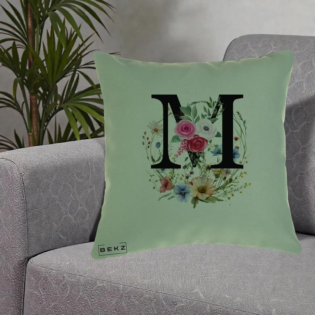 Cadou Personalizat - Perna Personalizata Monogram Litera M cu Flori Acuarela, 40x40 cm, Verde, Husa Detasabila, Perna Inclusa, BEKZ®