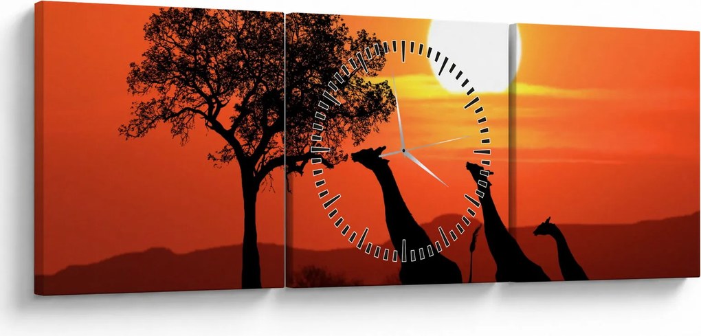 Tablou cu girafe în apus de soare (cu ceas) (90x30 cm)