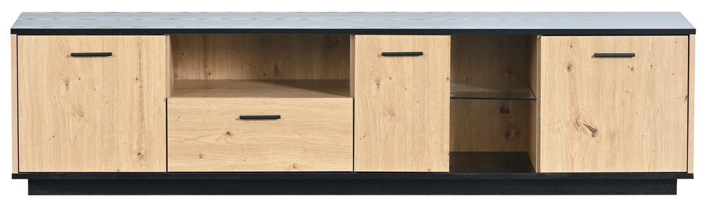 Comodă TV cu O Sertar, Trei Uși și Două Rafturi din Sticlă, Iluminare LED cu 15 Culori Variabile, 180x40x45 cm, Negru+ Natural