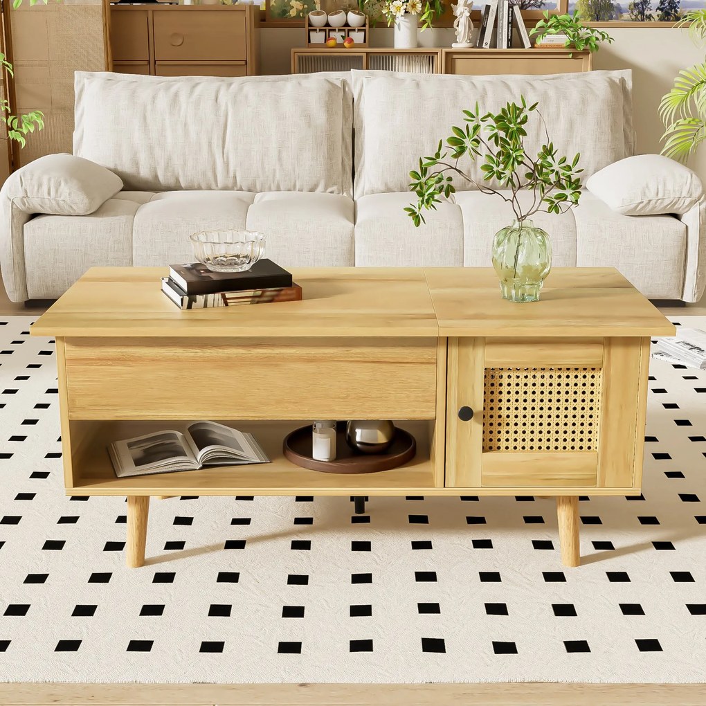 Masă de cafea cu blat rabatabil și uși din ratan, spațiu de depozitare practic,103x50x46 cm, Culoare naturală