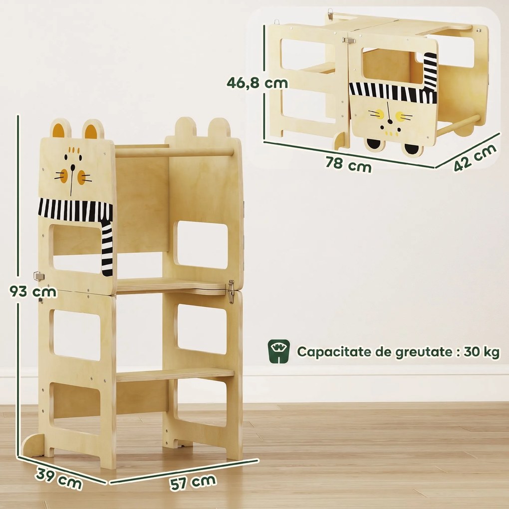 AIYAPLAY Turn Montessori pentru Copii 2-5 Ani cu Tablă și Măsuță, din Lemn, 57x39x93 cm, culoare Lemn | Aosom Romania