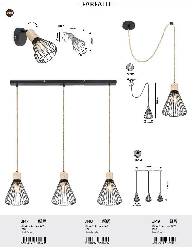 Pendul design industrial Farfalle negru 18cm
