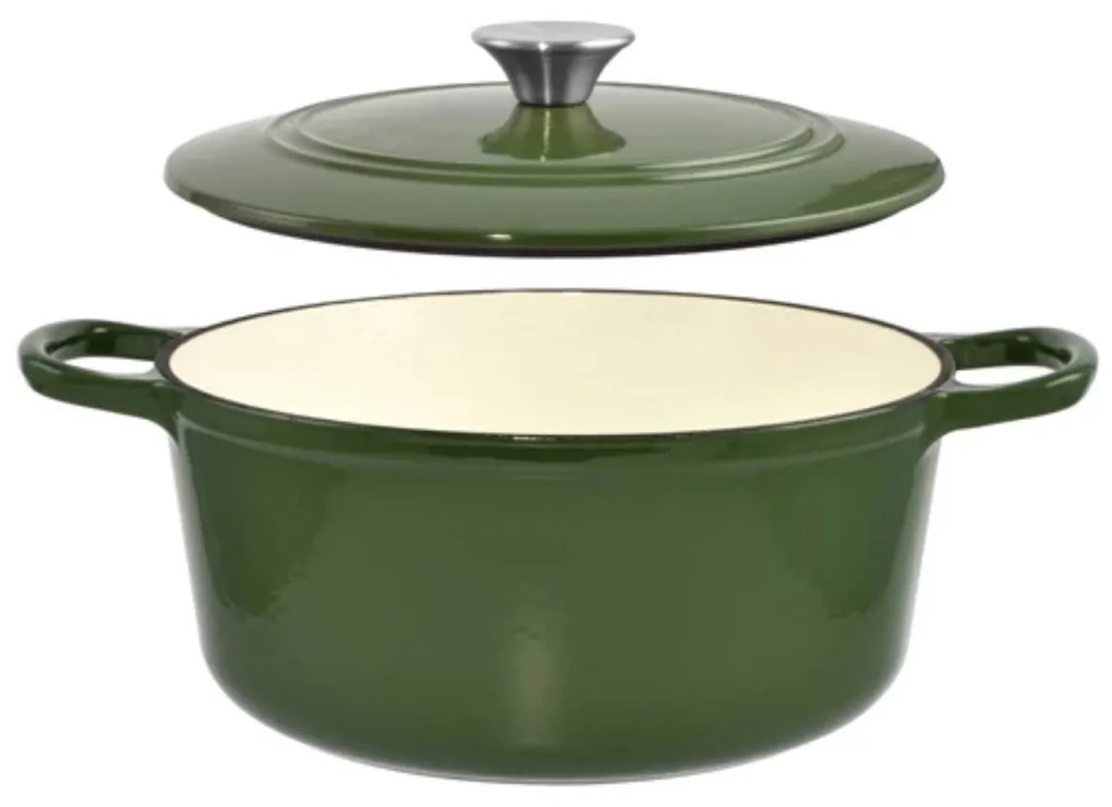 Oală din fontă emailată cu capac 25x11 cm, 3.5L – Perfect Home 11862, verde, cu interior antiaderent, perfectă pentru gătit lent și uniform