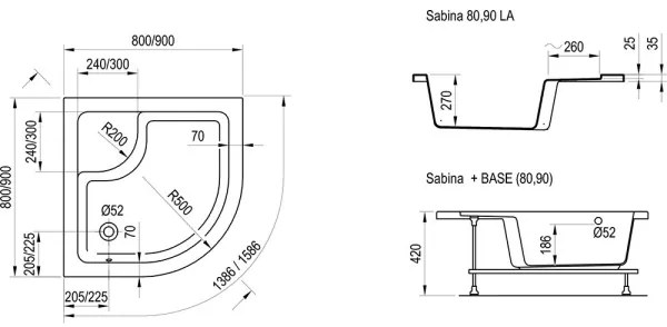 Ravak A217001020 - Cadă de duș în formă de sfert de cerc SABINA 90x90 cm albă