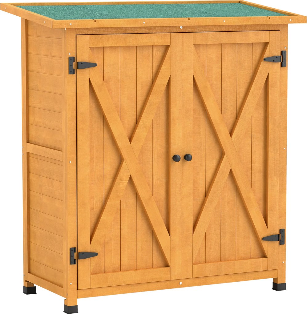 Outsunny Dulap de grădină, șură pentru unelte din lemn, dulap rezistent la intemperii cu 2 uși acoperiș din asfalt 110 x 55 x 117 cm, Galben | Aosom Romania