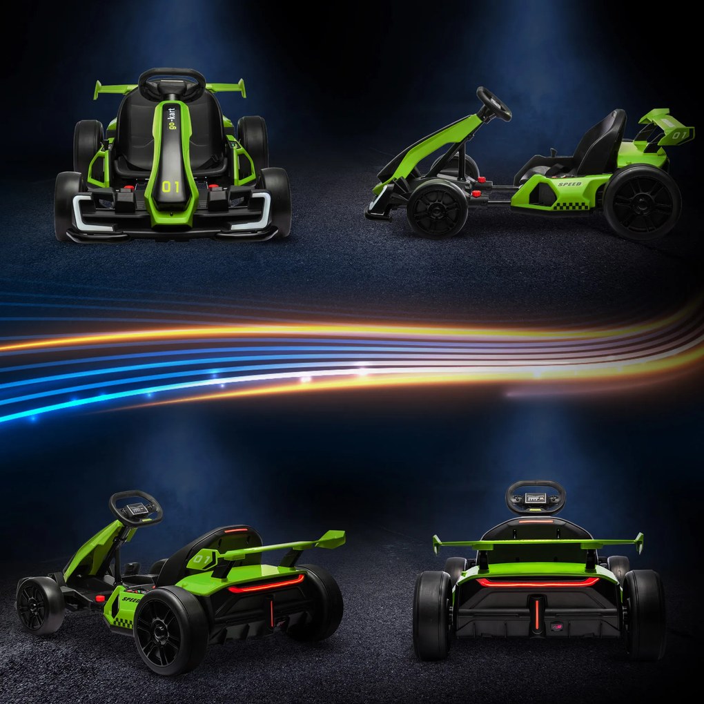 HOMCOM Go Kart Electric pentru Copii cu Scaun Reglabil, 2 Motoare, Claxon, Lumini și Muzică, 120x76x53,5 cm, Verde | Aosom Romania