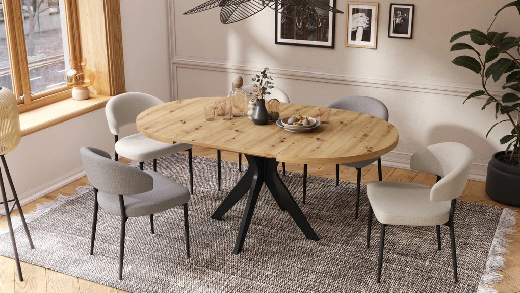 Mazzoni RENZO Stejar Artisan/picior negru - MASĂ ROTUNDĂ Ø110 EXTENSIBILĂ PÂNĂ LA 180 cm | PENTRU BUCĂTĂRIE SUFRAGERIE LIVING RETRO
