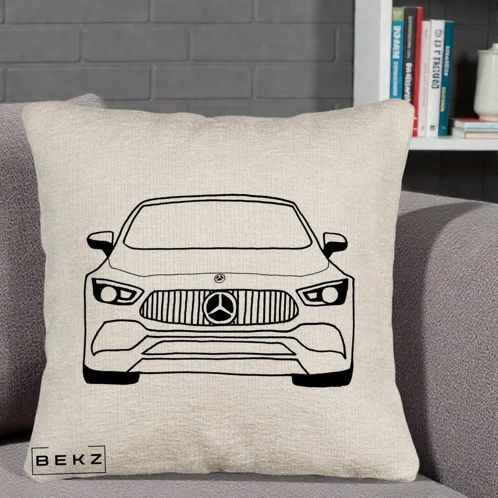 Perna Personalizata Mercedes-Benz Fata Linie, 40x40 cm, Bej Canapea, Husa Detasabila, Perna Inclusa, BEKZ®