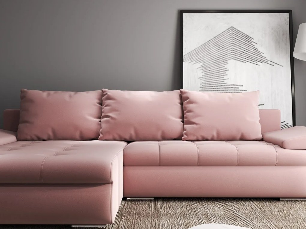 Colțar extensibil dumonde cu ladă de depozitare si sezut confortabil din spuma high-density, Leonardo Royal Roz 260x185 cm