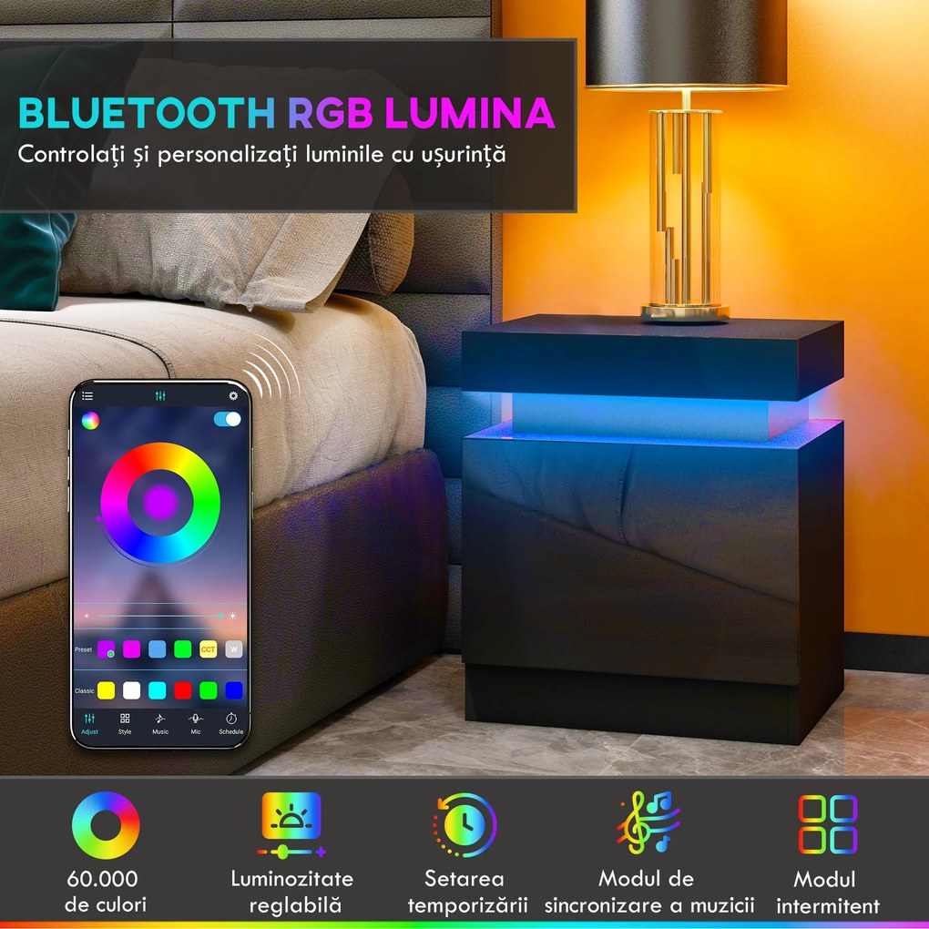 HOMCOM Masă de noapte neagră cu lumină LED, Front lucios cu 2 sertare, pentru Sufragerie, Dormitor | Aosom Romania