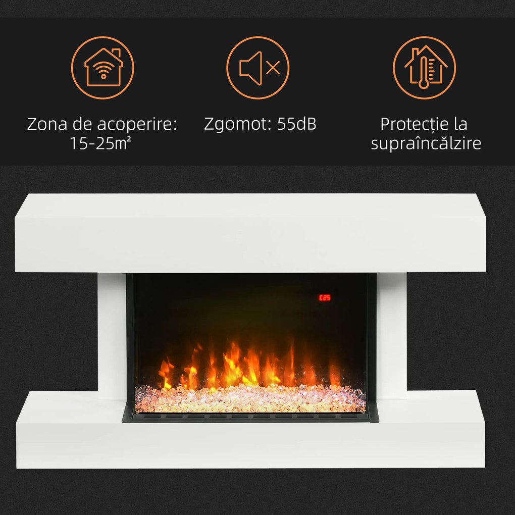 HOMCOM Șemineu Electric Independent și pentru Perete, cu Telecomandă și Protecție Împotriva Supraîncălzirii, 98x27x54,5 cm, Alb | Aosom Romania