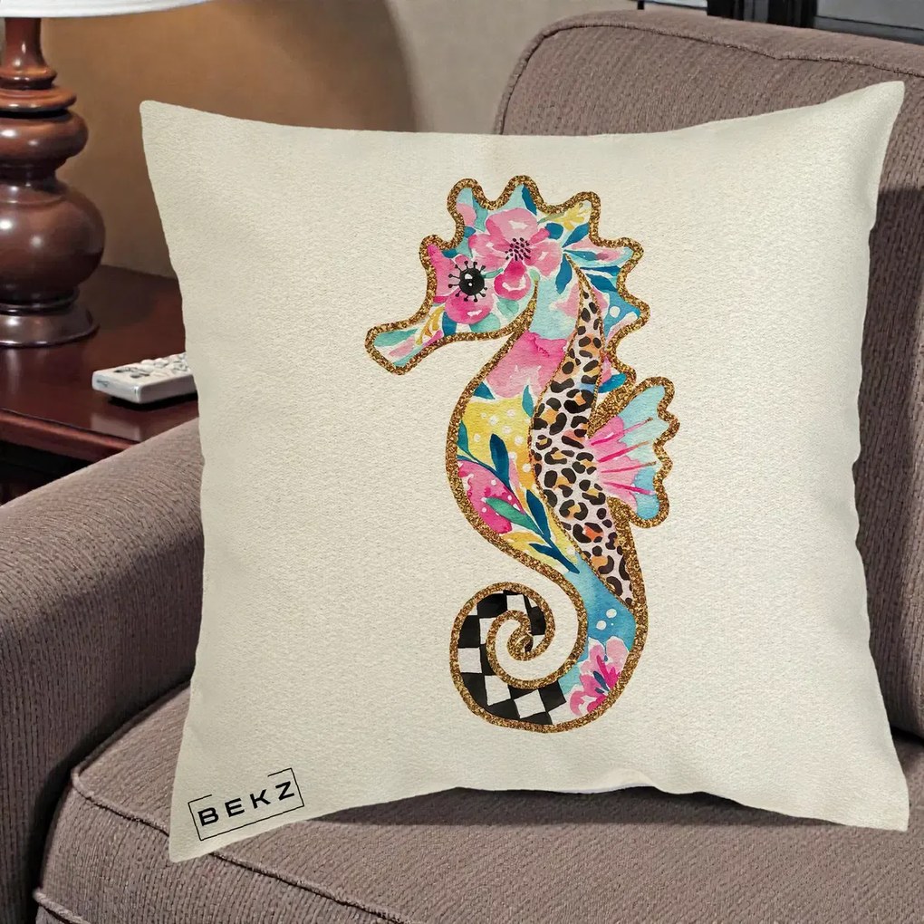 Perna Decorativa Calut de Mare Glitter Tropical, 40x40 cm, Ecru, Husa Detasabila, Perna Inclusa, BEKZ®