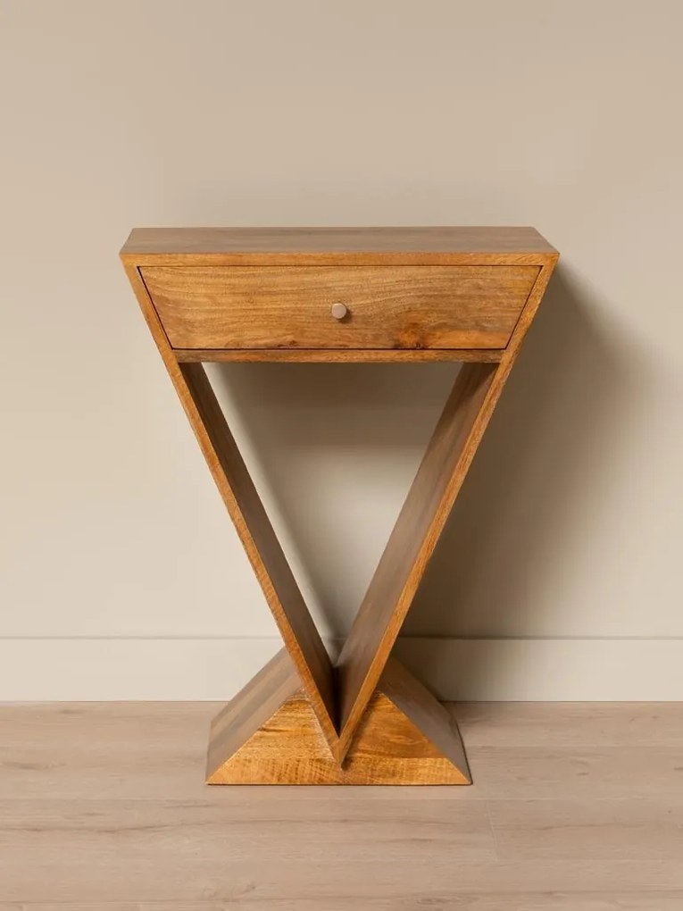 Măsuță laterală din lemn de mango, cu 1 sertar, design geometric, natur, finisaj satinat, 60×35×77 cm, „Penrose"