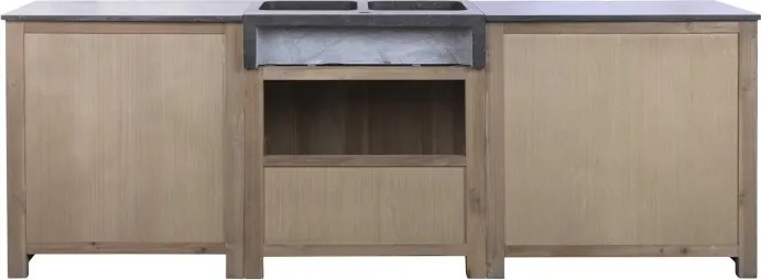 Set de mobilier de bucătărie rustic din lemn, natur, cu blat din piatră neagră, chiuvetă dublă, 6 sertare, 2 uși, 2 lăzi, 86 x 236 x 55 cm, „Cottage”