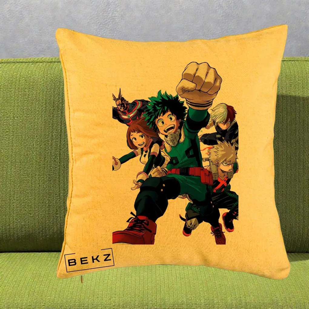 Perna Personalizata My Hero Academia Izuku Deku si Echipa, 40x40 cm, Galben, Husa Detasabila, Perna Inclusa, BEKZ®