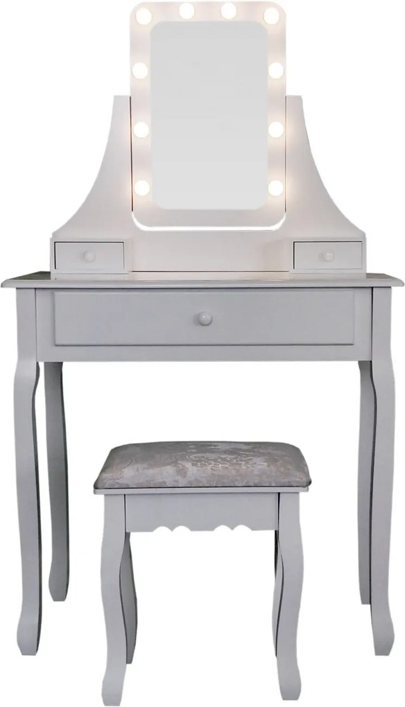 Set Eveline, Masă de toaletă pentru machiaj cu oglindă iluminată LED, 3 sertare, scaun, Alb
