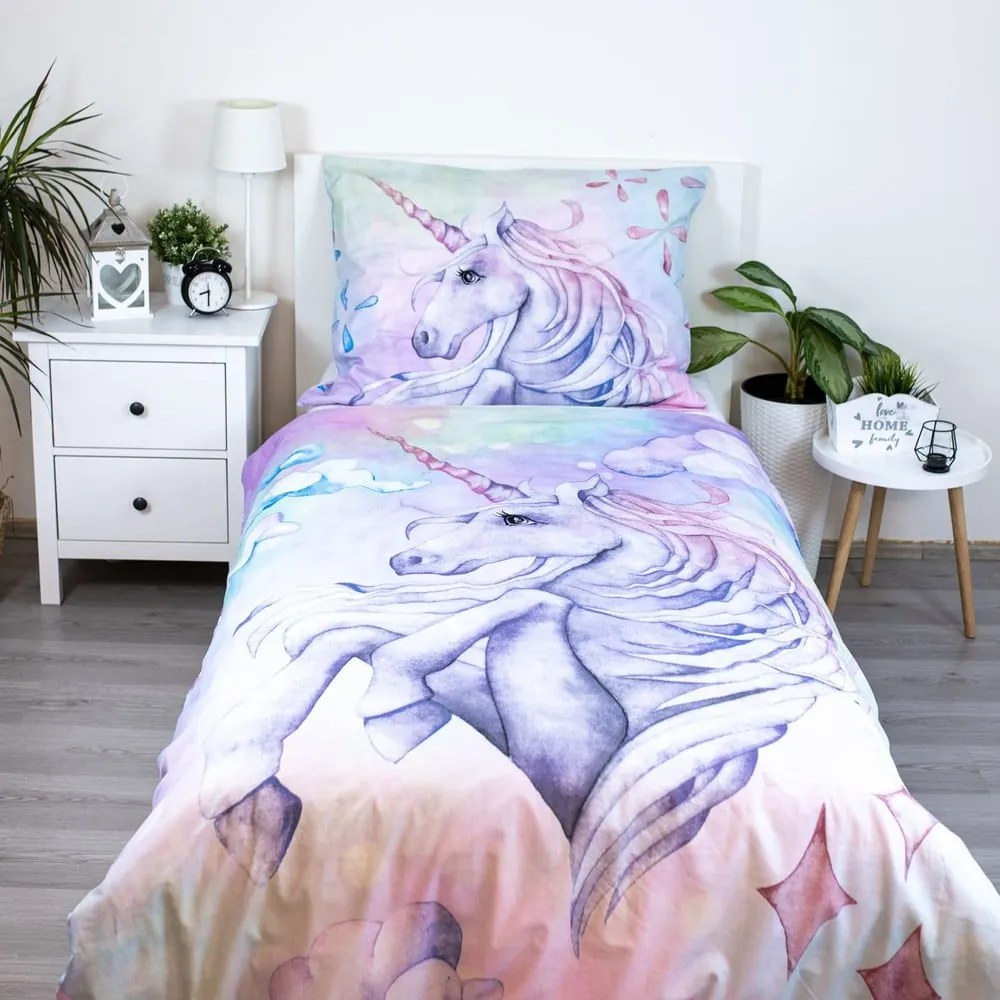 Lenjerie de pat pentru copii din bumbac pentru pat de o persoană 140x200 cm Unicorn "Pastel Rainbow" – Jerry Fabrics