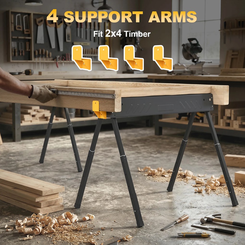 HOMCOM Set de 2 suporturi pentru fierăstrău pliabile înălțime reglabilă pentru lemn 2x4 cu mâner cârlige susține până la 500 kg negru | Aosom Romania