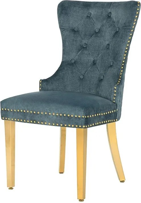 Set 2 scaune Stil Baroc, Catifea, Albastru Petrol, Metal, Auriu, Castle