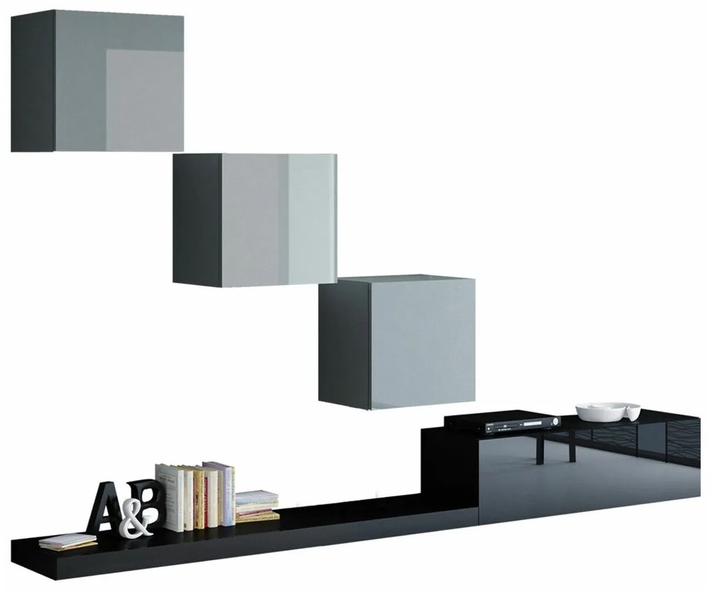 Mobilă pentru sufragerie Charlotte 113 Gri lucios, Negru, Negru lucios, Gri, Părți separate, Cu comodă tv, PAL laminat, 300x42cm, 71 kg