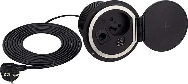 Priză încorporabilă în blat Sambo Box Design Light, încărcător wireless, 1 priză Schuko, USB A + C, negru, D:78 mm Plastic, Negru, D:78 mm