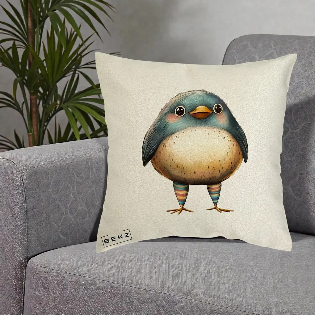 Perna Decorativa Pasare Teal-Bej cu Sosete Curcubeu, 40x40 cm, Ecru, Husa Detasabila, Perna Inclusa, BEKZ®