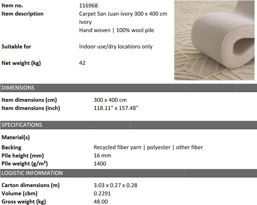 Covor design LUX tesut manual San Juan 300x400cm