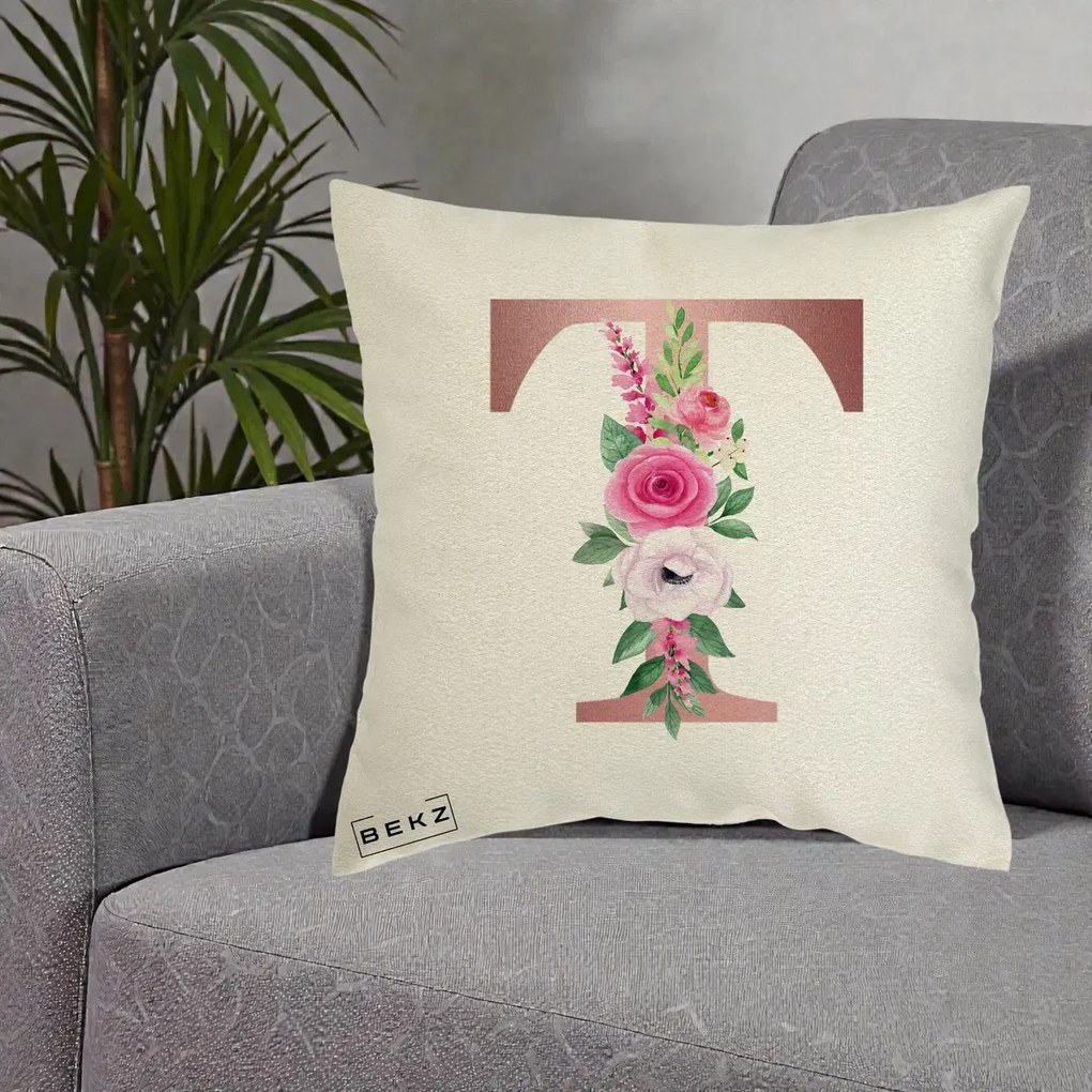 Cadou Personalizat - Perna Personalizata Monograma Rose Gold Litera T, 40x40 cm, Ecru, Husa Detasabila, Perna Inclusa, BEKZ®