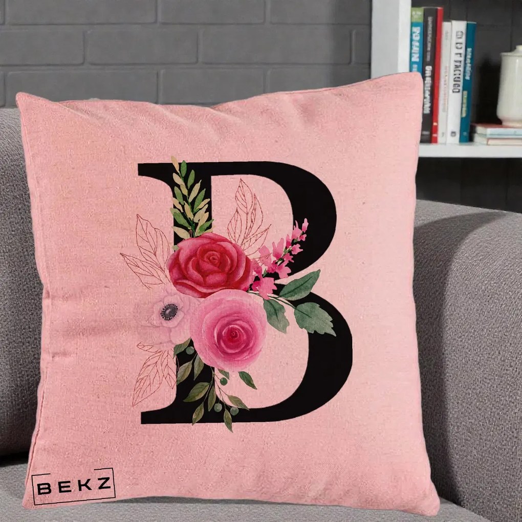 Cadou Personalizat - Perna Personalizata Monograma Florala Litera B, 40x40 cm, Roz, Husa Detasabila, Perna Inclusa, BEKZ®